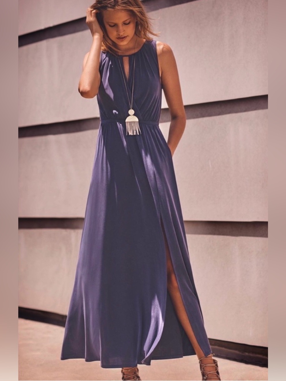 MOULINETTE SOEURS | By Anthropologie Sanna Maxi Dress Navy/Purple w/ Front Slit